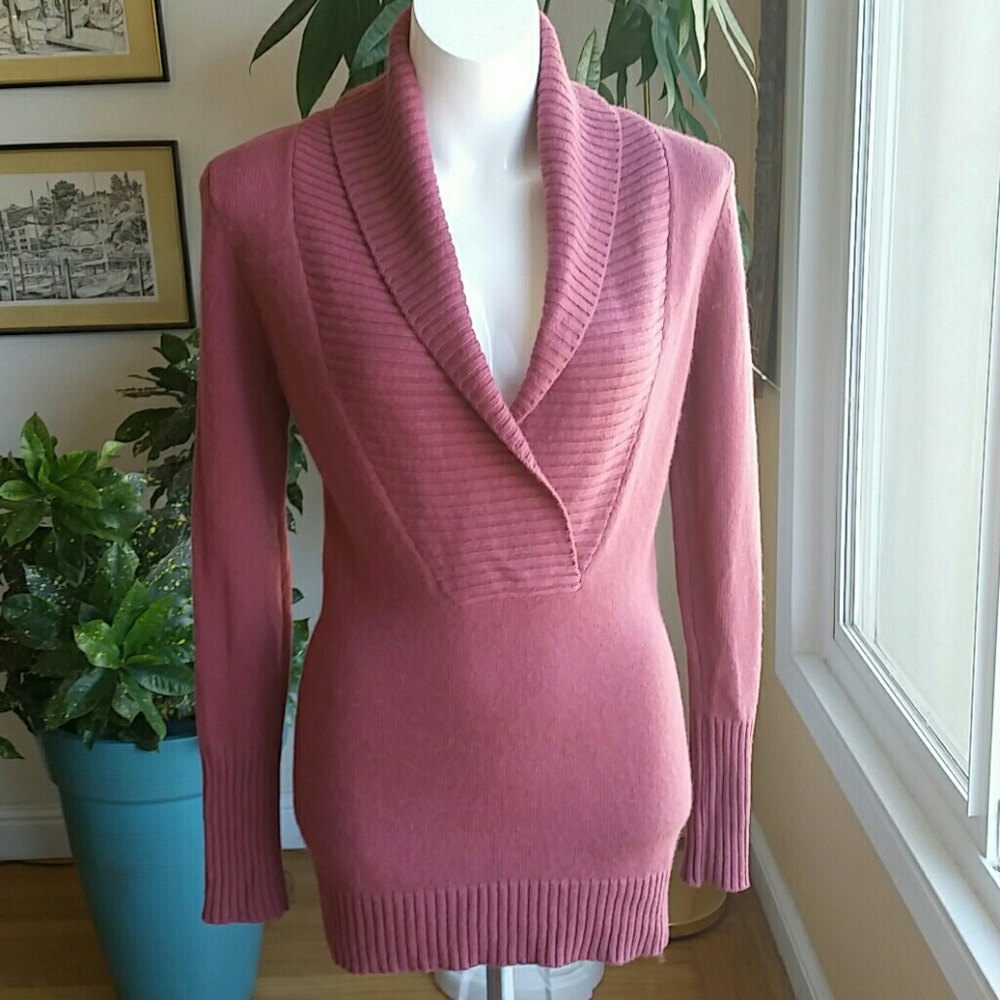 Qi Dusty Rose Pink Cashmere Deep Vneck Long Pullover Sweater Size Medium
